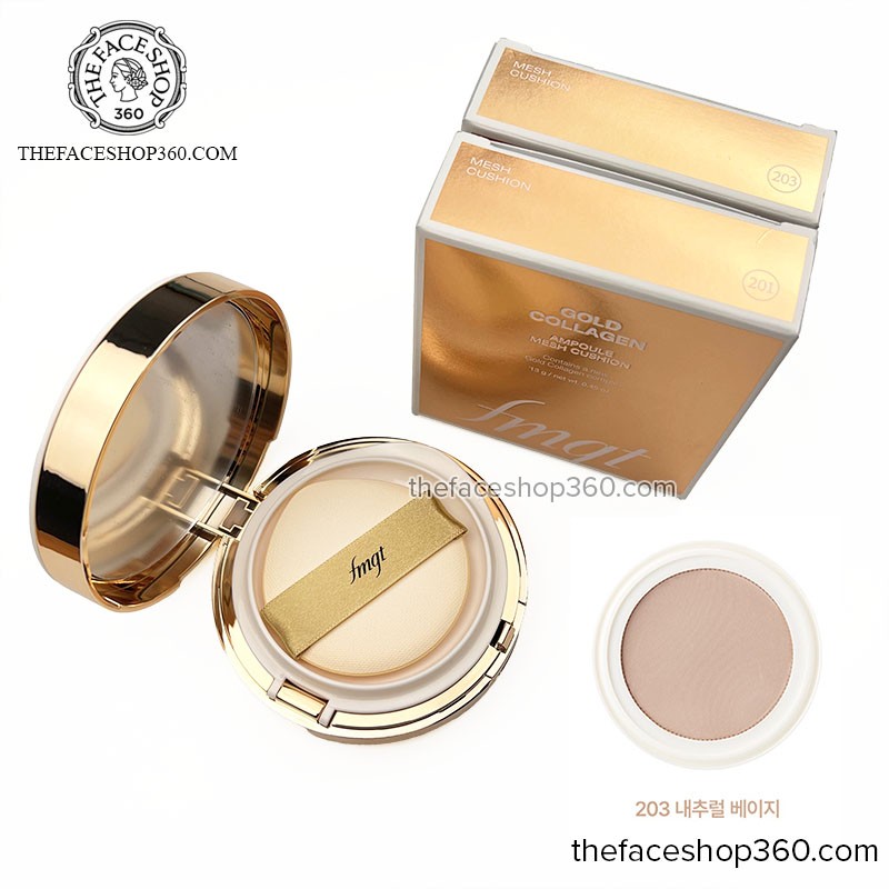 Phấn nước trang điểm dưỡng da fmgt Gold Collagen Ampoule Mesh Cushion No.203 Natural Beige